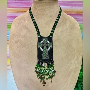 Woven bead Cross style necklace